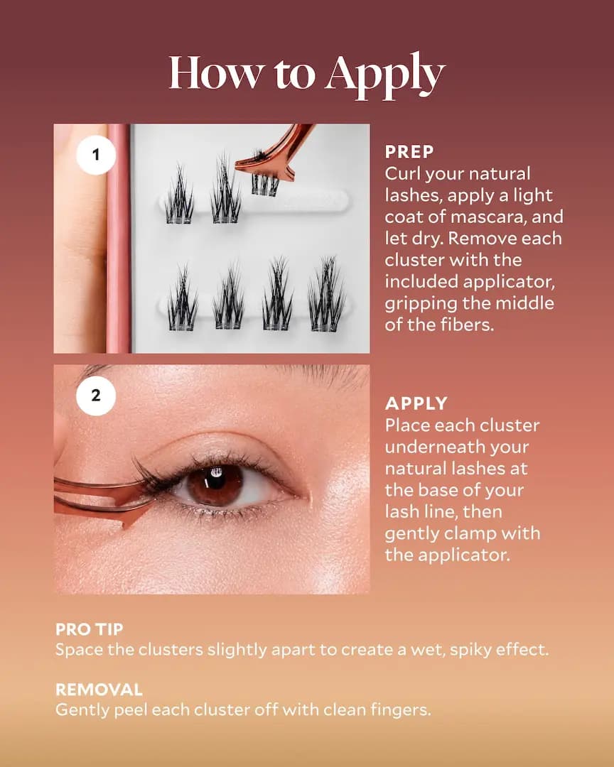 How-to-apply guide showing clusters lifted from the tray with tweezers and placed under natural lashes