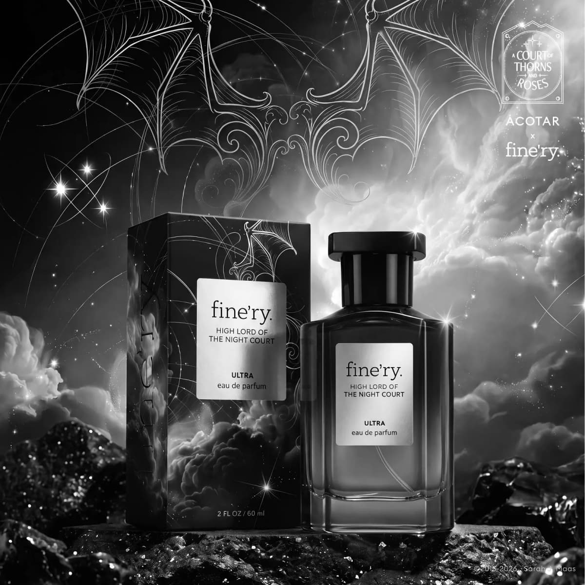 Black-and-white shot of High Lord Ultra bottle and box under stormy clouds with silver bat wing illustration