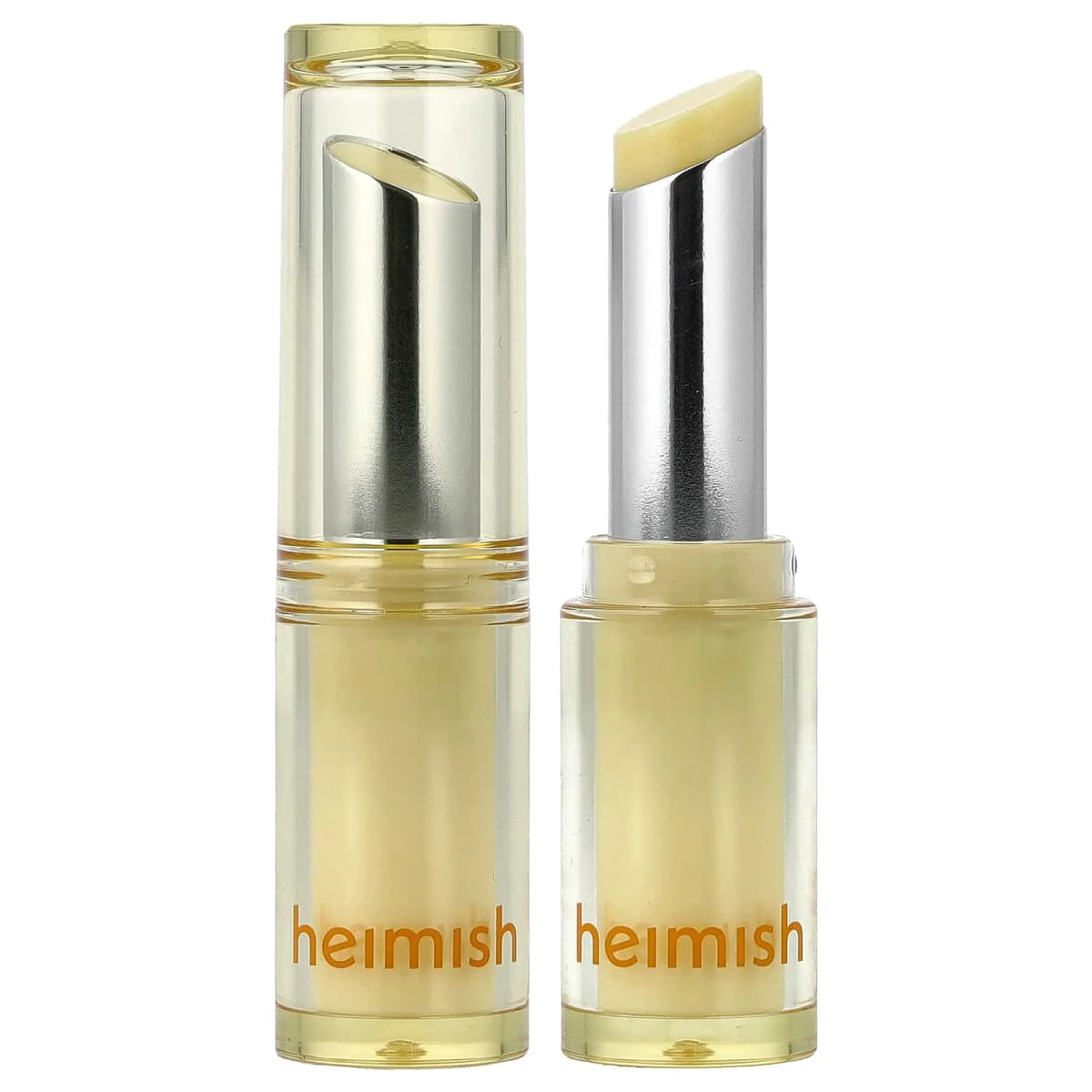Heimish lip balm stick in a clear yellow-tinted tube shown open beside its closed twin