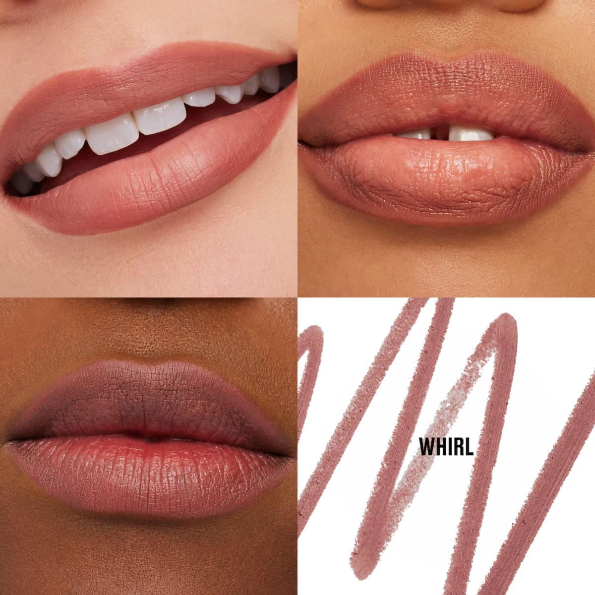 Whirl Lip Pencil worn on three lip tones as a dusty rosy brown, with a scribbled swatch on white