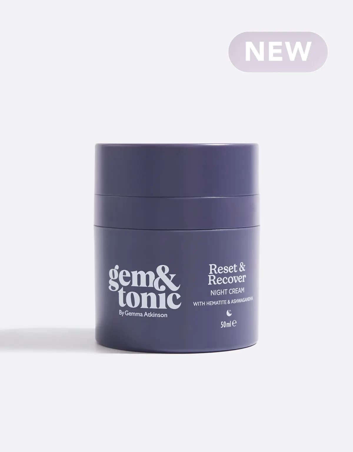 Gem & Tonic Reset & Recover Night Cream 50ml in a matte purple jar on a white background with a lilac NEW badge