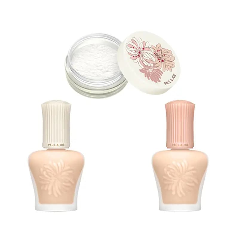 Paul & Joe loose powder jar with floral lid above two primer bottles with white and peach ribbed caps