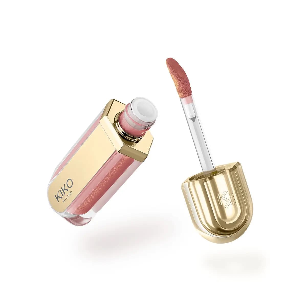 Square gold-and-clear lip gloss in rosy nude with gold shimmer and an arched gold KIKO cap