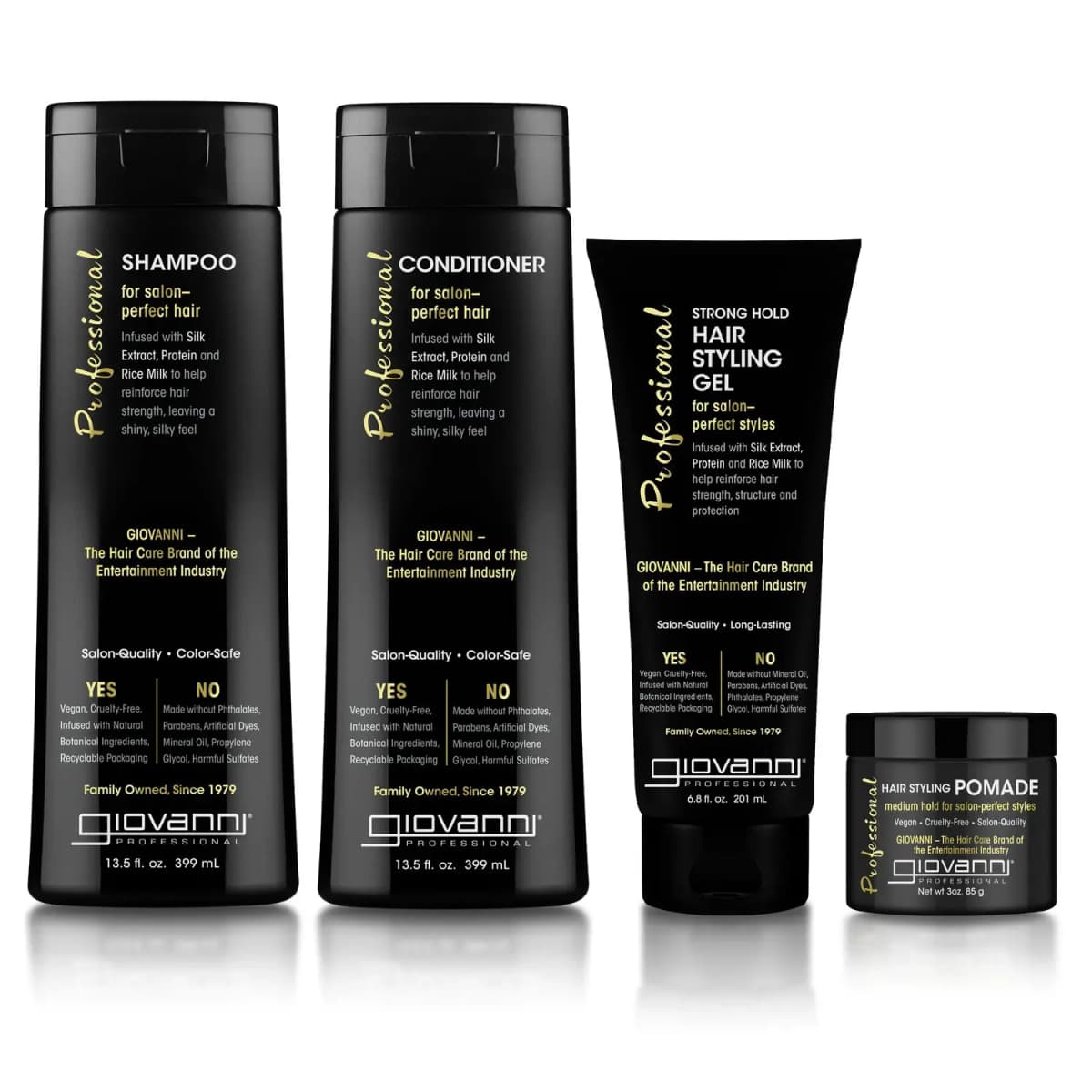 Giovanni Professional Shampoo, Conditioner, Strong Hold Hair Styling Gel and Hair Styling Pomade jar on white.