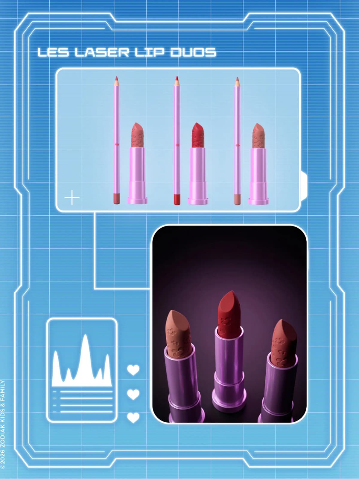 Three matte lipsticks in pink cases paired with lip liner pencils in nude and red shades, labeled LES LASER LIP DUOS.