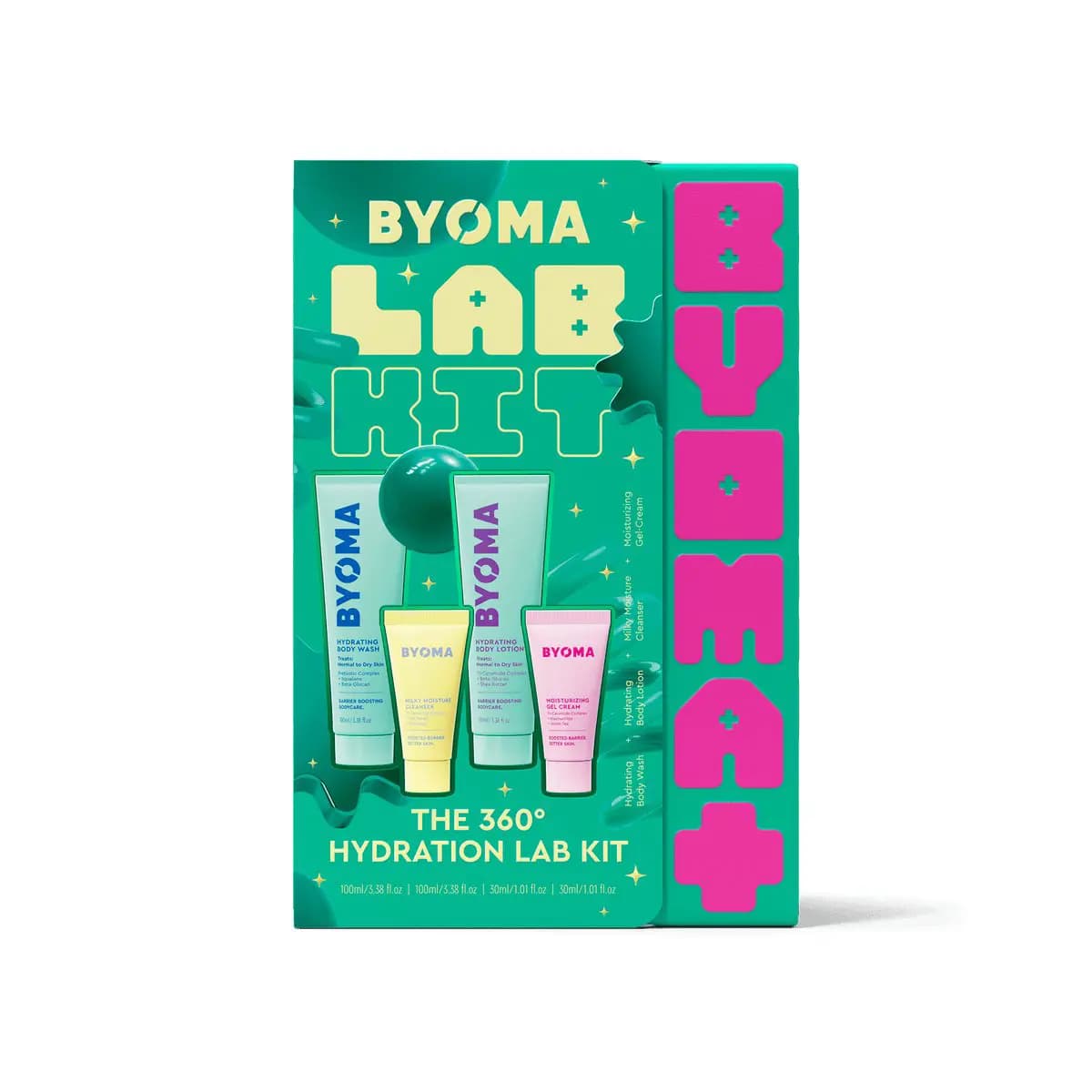 Green box for The 360° Hydration Lab Kit with body wash, body lotion, cleanser and gel-cream