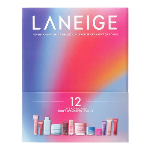 Front of LANEIGE 12 Days of Wonder advent calendar box showing gradient design and product lineup graphic