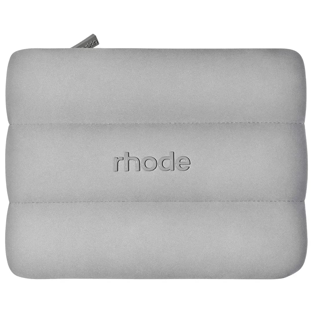 Grey Mini Bubble Bag front view with puffy quilted channels and embossed rhode logo