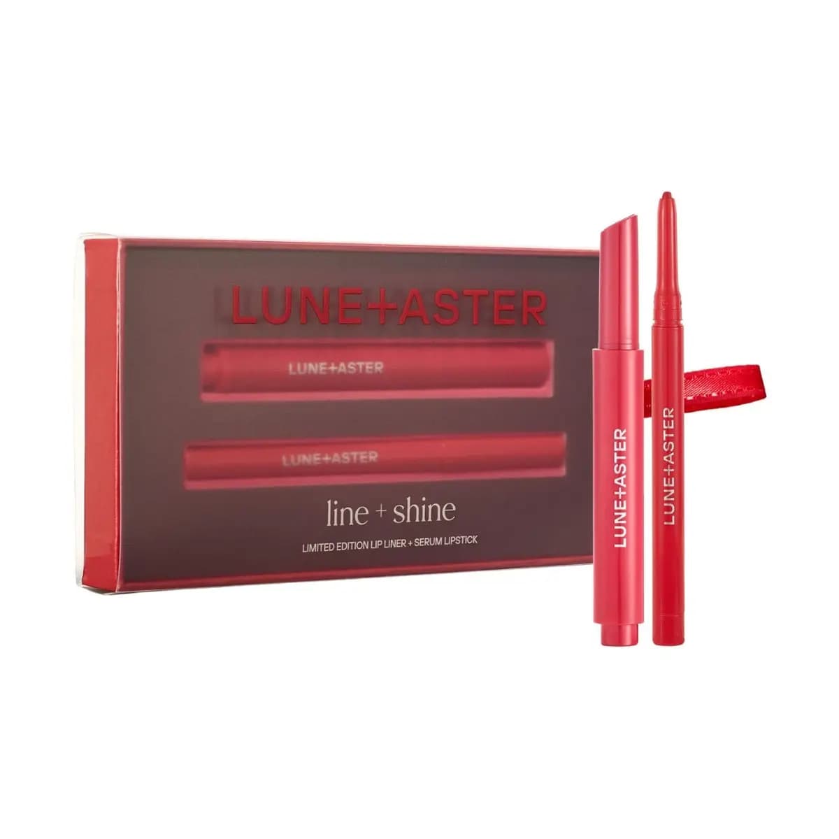 Lune+Aster line + shine box with red serum lipstick and matching red lip liner