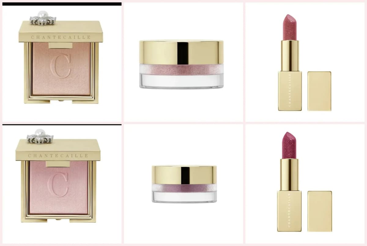 Chantecaille Bijoux d'Or Collection product shots: two Cheek Light compacts, two Eye Frost jars and two Lip Cristal lipsticks