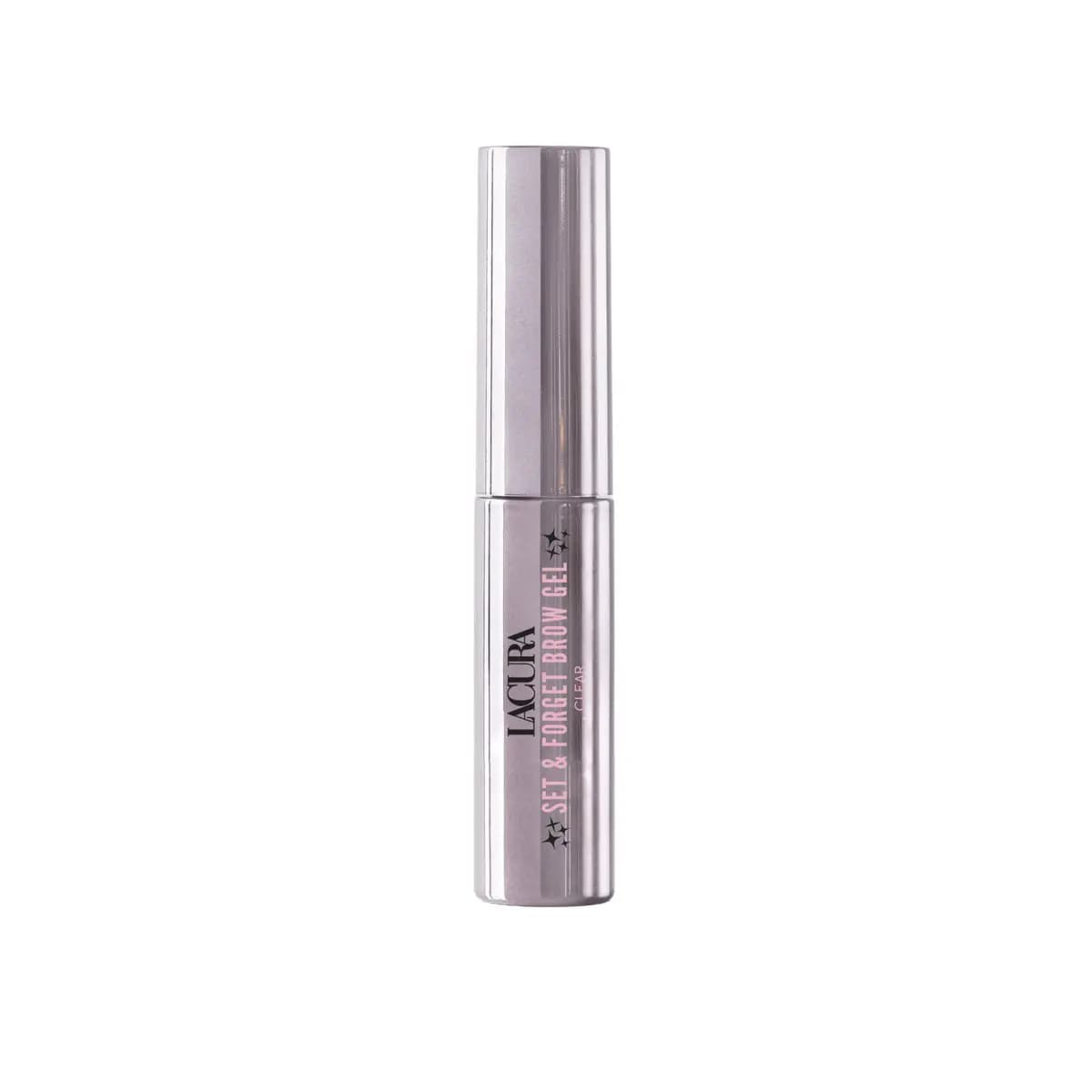 Metallic lilac tube of Lacura Set & Forget Brow Gel in Clear