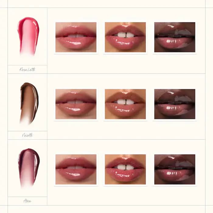 Glossy lip swatches of Rose Latte, Noisette and Aïssa Balm Amour on three different skin tones.