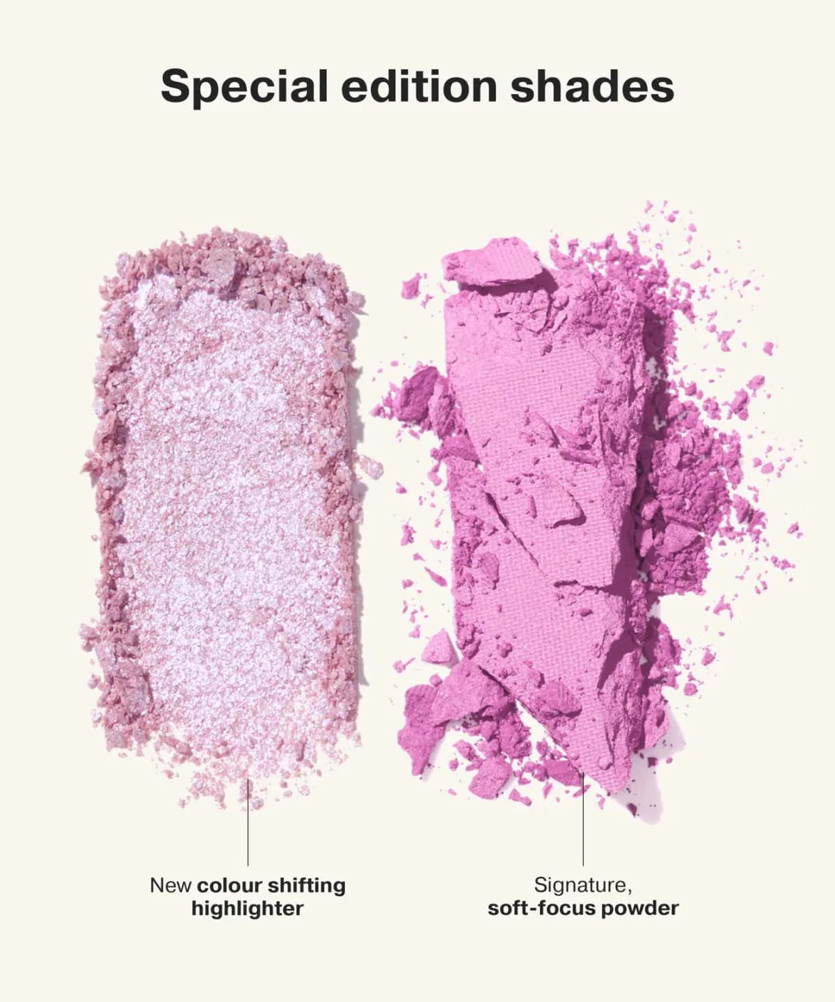 Crushed swatches of a new colour-shifting lilac highlighter and a soft-focus pink powder labelled 'Special edition shades