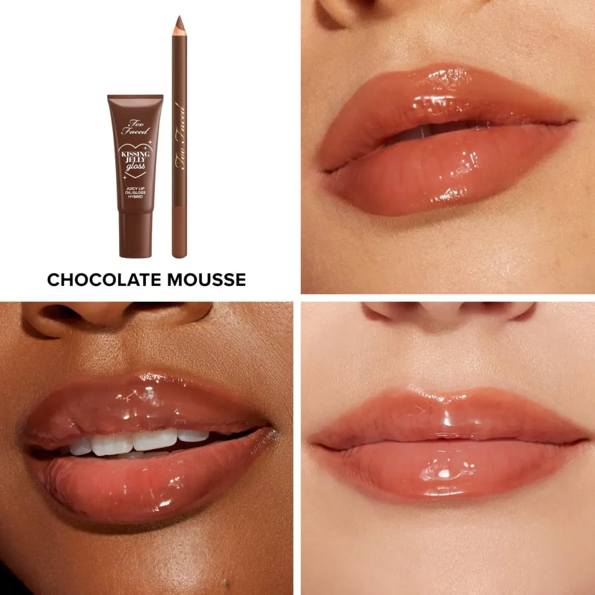 Chocolate Mousse lip kit shown on three models' lips with glossy brown-nude finish.