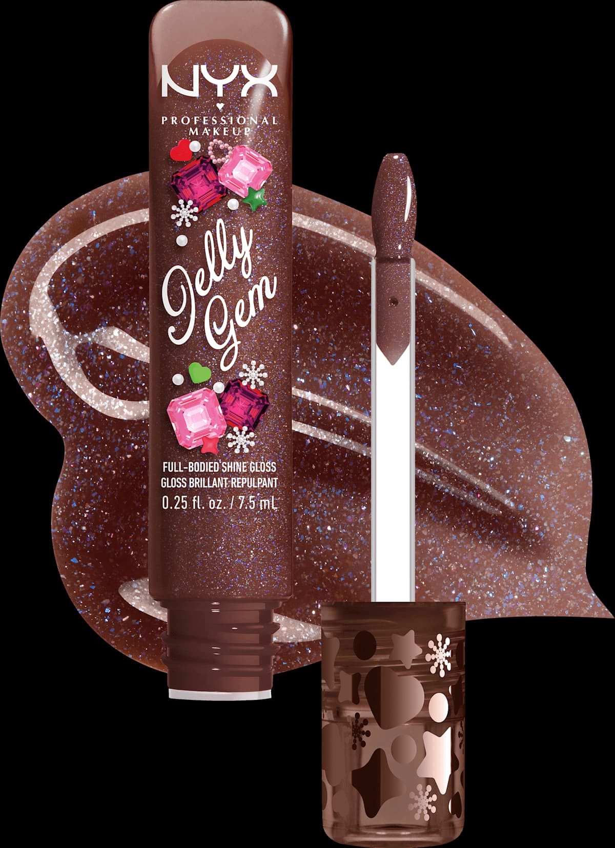 NYX Jelly Gem High Shine Gloss in 01 Cocoa Sparkle brown with applicator and glossy shimmering swatch.
