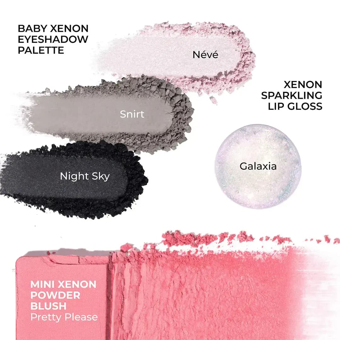 Crushed swatches of Névé, Snirt and Night Sky shadows, shimmery Galaxia gloss and coral-pink Pretty Please blush.