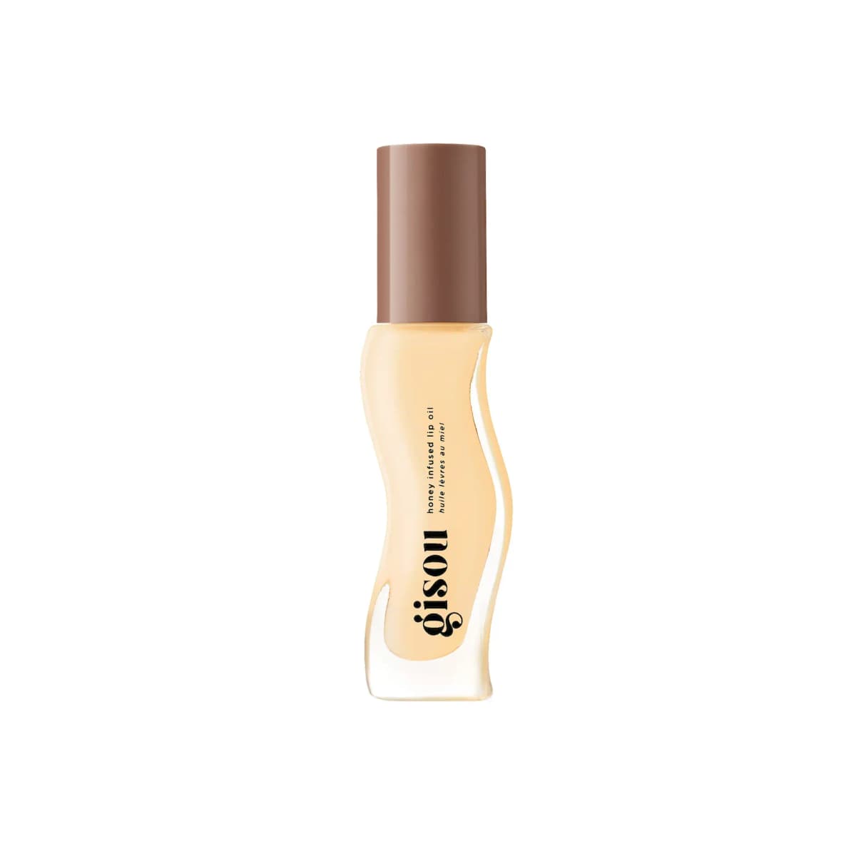 Wavy clear lip oil tube with pale cream oil and glossy brown cap on white