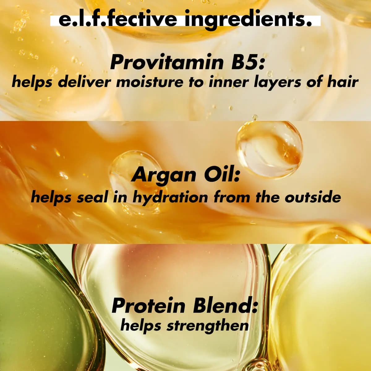 Golden oil textures labeled with Provitamin B5, Argan Oil and Protein Blend ingredient benefits