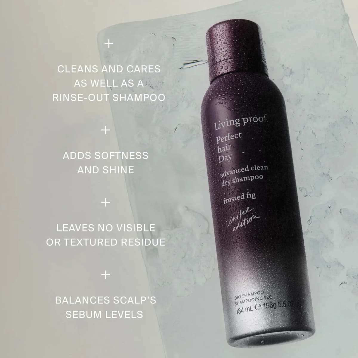 Water-beaded Frosted Fig dry shampoo can on a block of ice next to a list of four product benefits