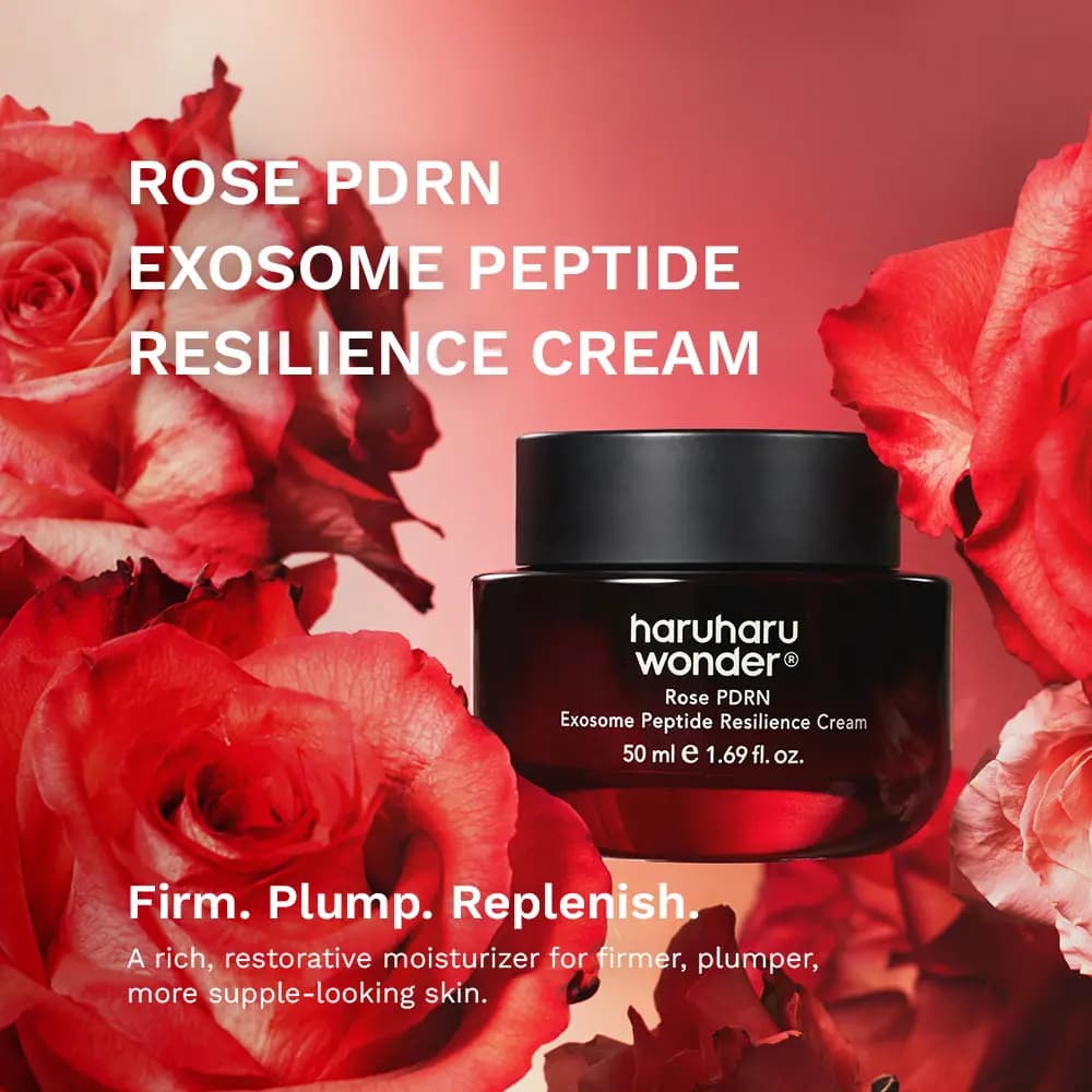 Red jar with black lid floating among red and pink roses under the text Firm. Plump. Replenish.