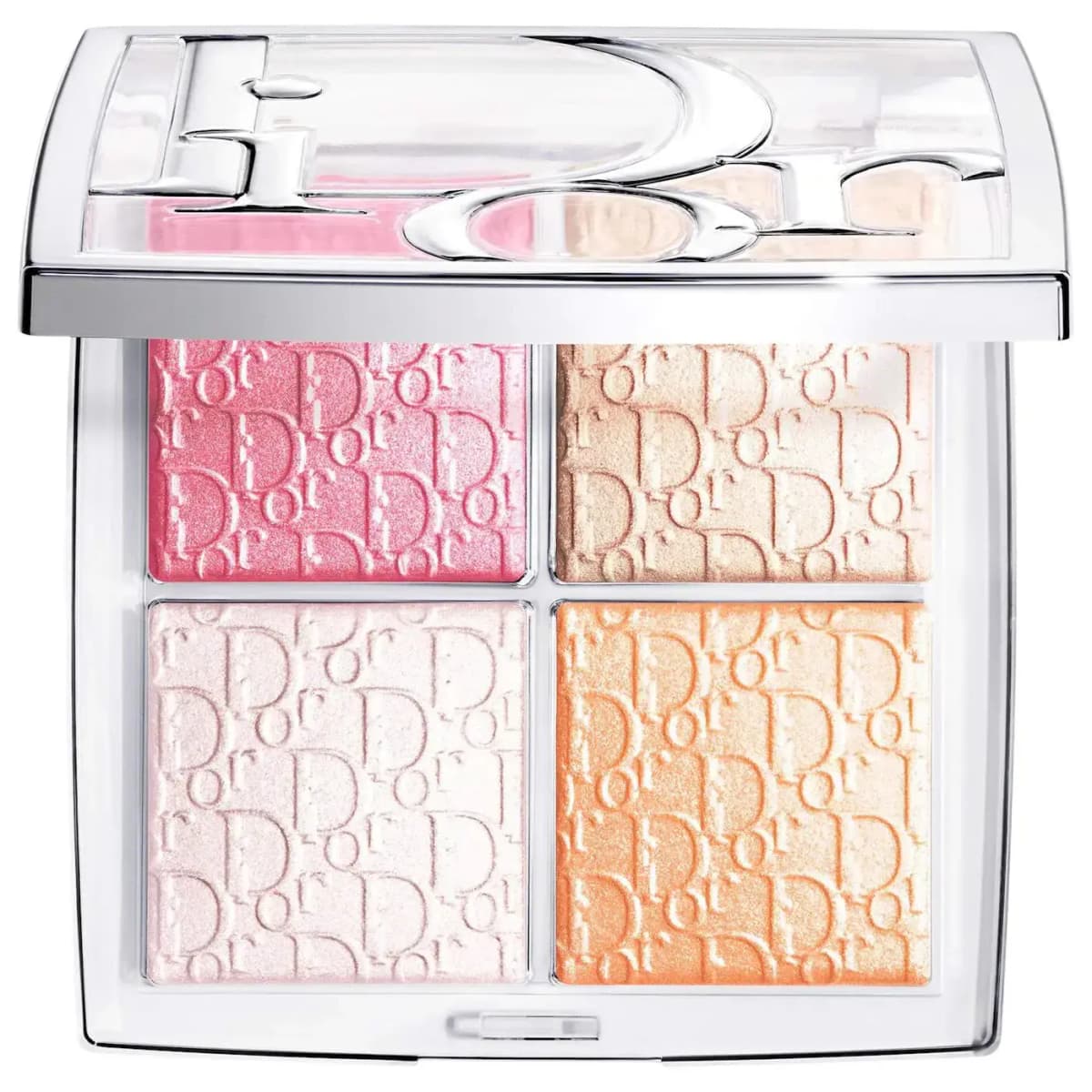 Dior Glow Maximizer Palette with hot pink, champagne, pale pink and peach shimmer pans embossed with Dior logos