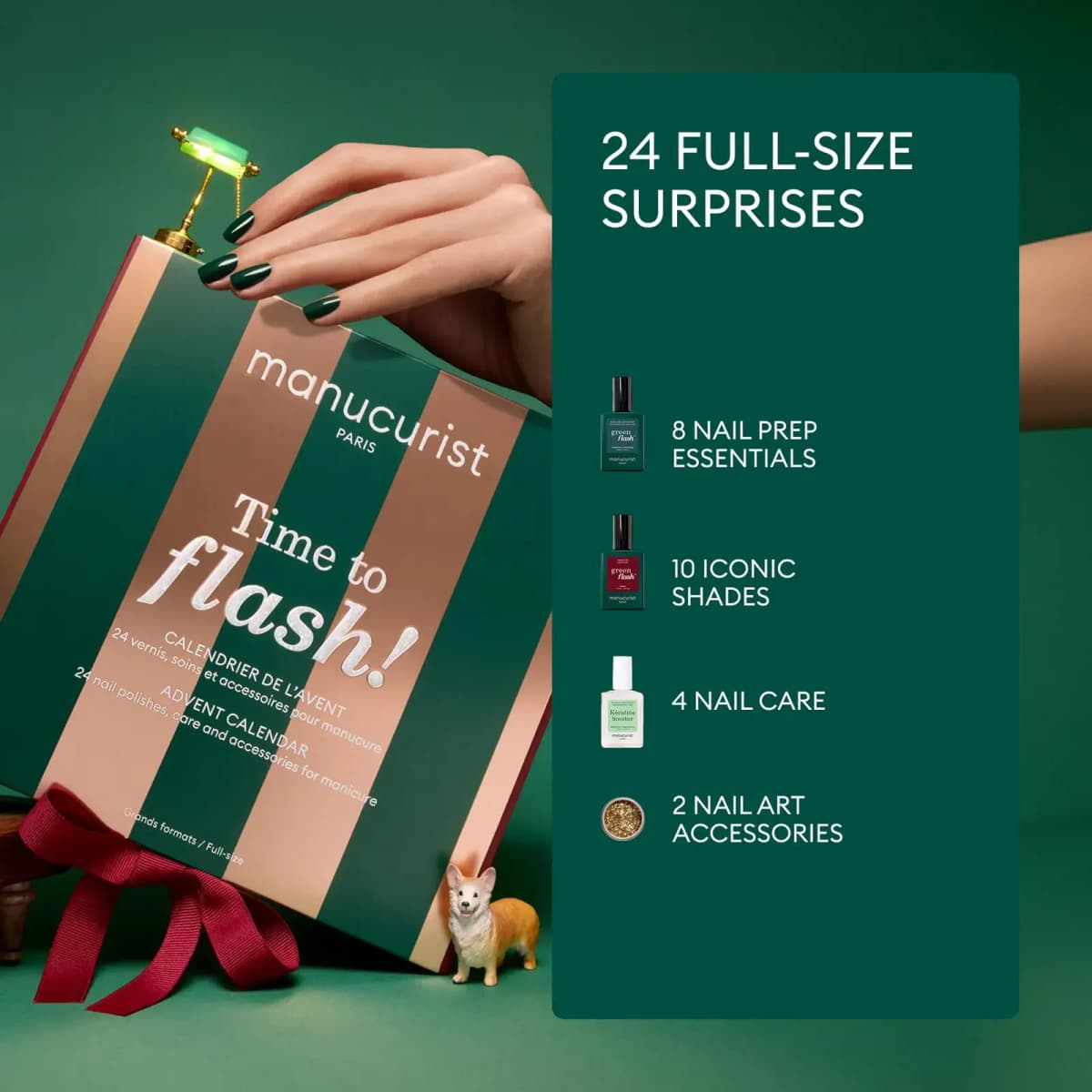 Green striped Time to Flash advent calendar with hand showing dark green manicure, listing 24 full-size surprises