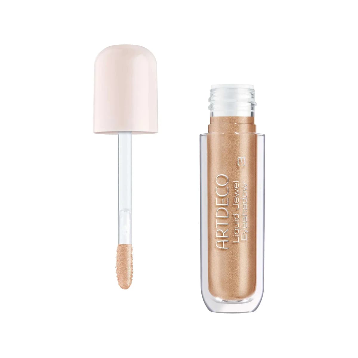 Liquid Jewel Eyeshadow shade 3 in shimmering champagne gold, open with pale pink cap and applicator