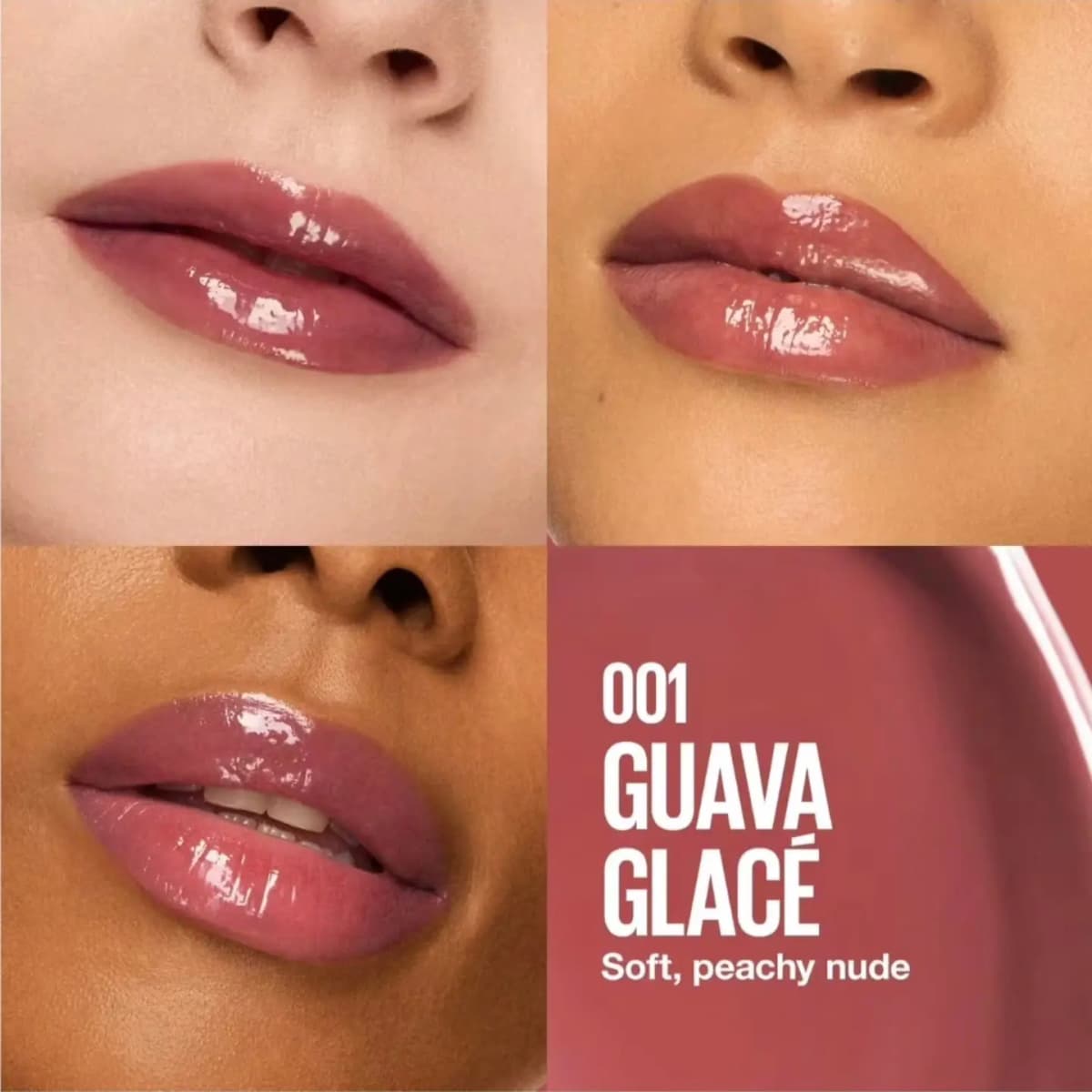 Guava Glacé soft peachy nude swatched as a rosy gloss on three skin tones