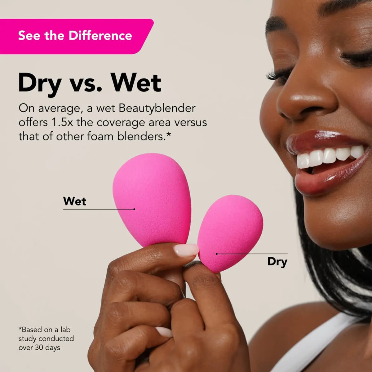 Model holds wet and dry pink sponges side by side, showing the wet one larger, with Dry vs. Wet text