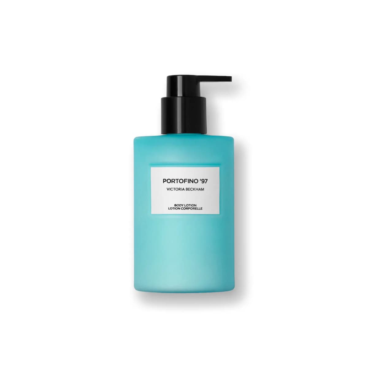 Frosted turquoise Portofino '97 Victoria Beckham body lotion bottle with black pump and white label
