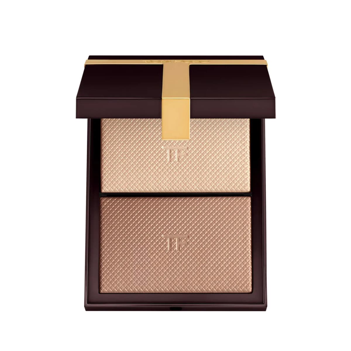 Open Tom Ford compact with a light beige-champagne highlight above a taupe-rose shimmer powder in a dark brown case.