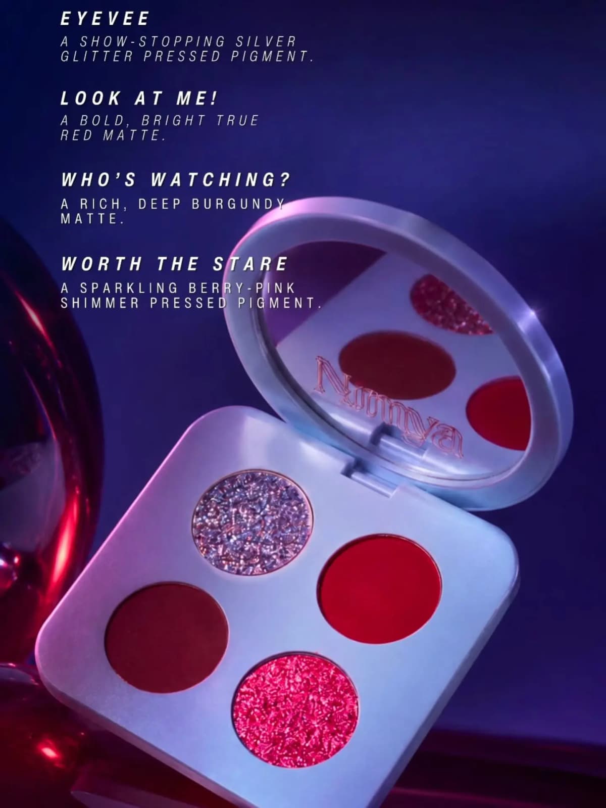 Shade names Eyevee, Look At Me!, Who's Watching? and Worth The Stare listed beside the open quad under purple light