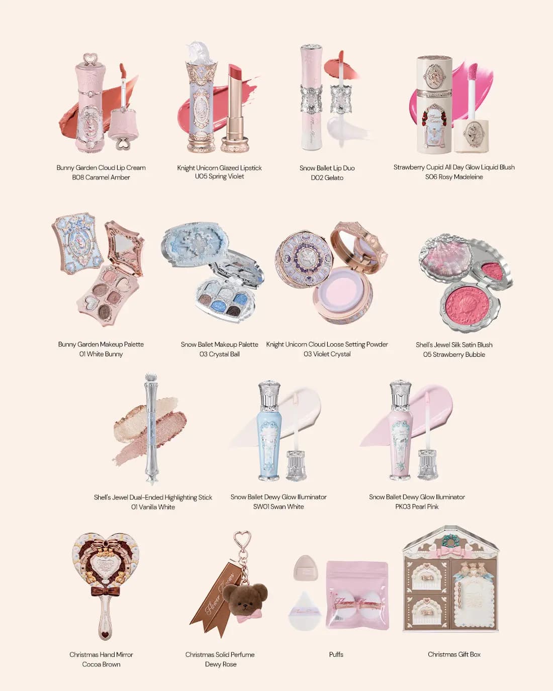 Product grid: Bunny Garden, Knight Unicorn, Snow Ballet, Shell's Jewel and Strawberry Cupid items, puffs, mirror and box