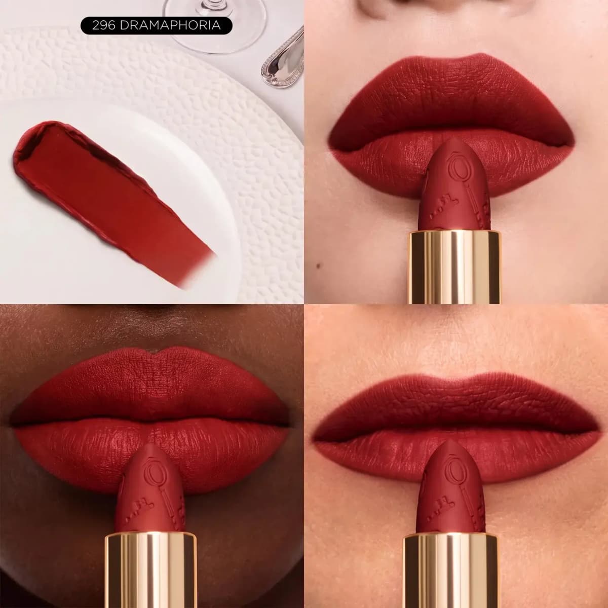 296 Dramaphoria matte lipstick in deep red, shown as a plate swatch and on lips across three skin tones