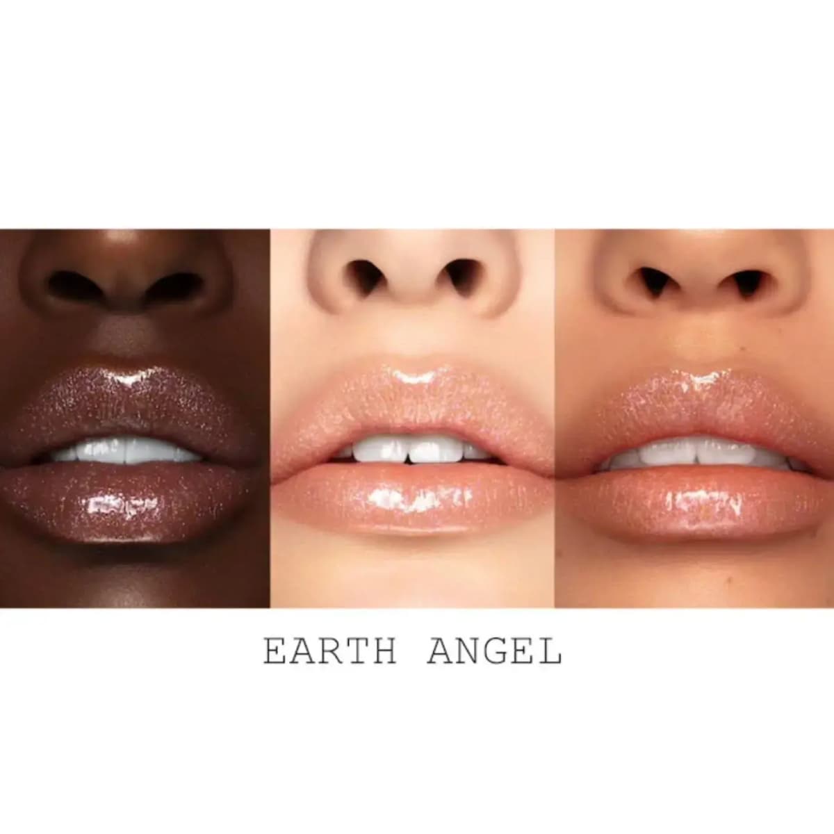 Earth Angel sparkling nude lip swatches with pink-gold shimmer on deep, fair and medium skin tones