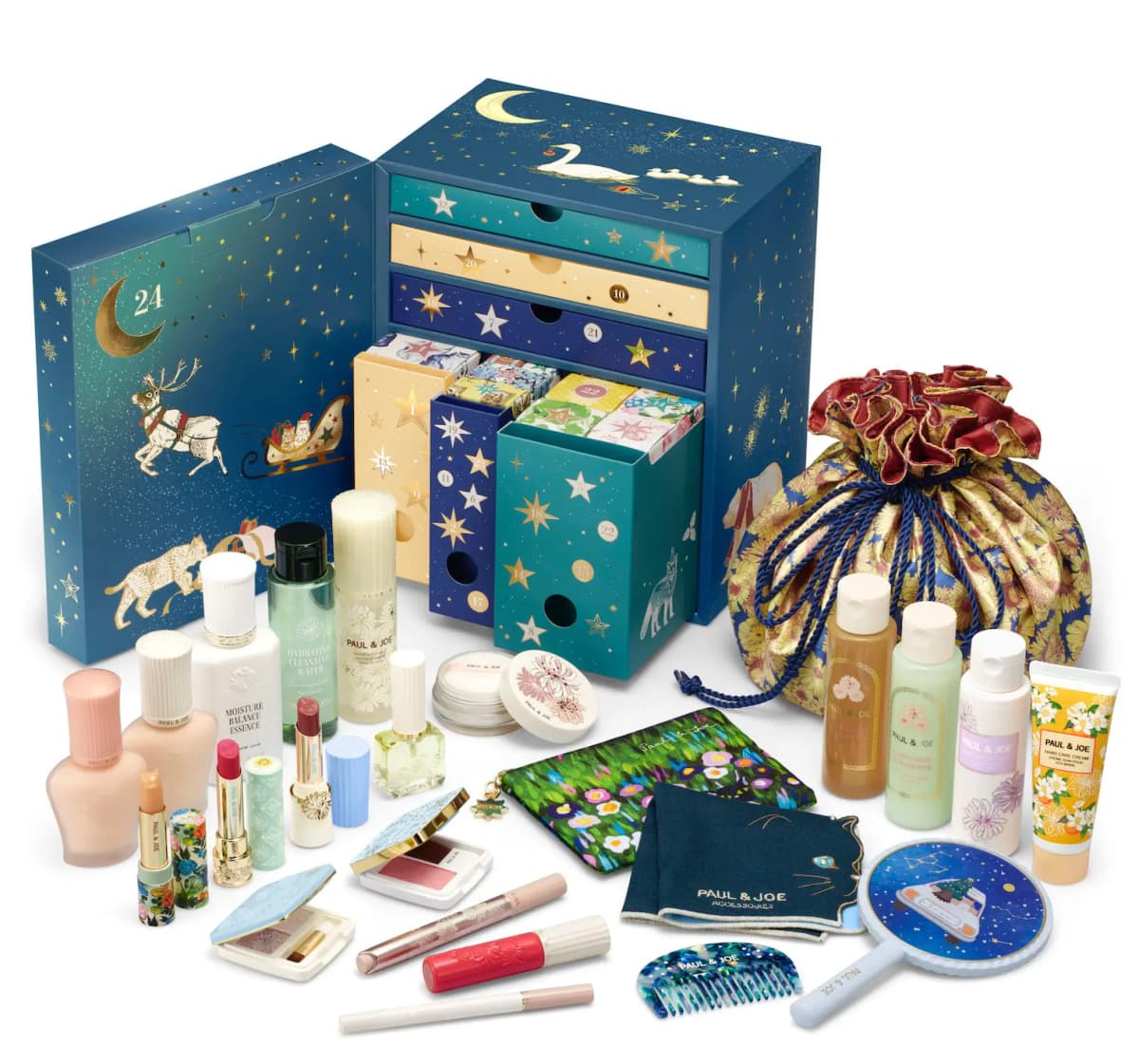 Full Paul & Joe Advent Calendar 2026 contents: makeup, skincare, hair care, pouches, comb and mirror around the open box
