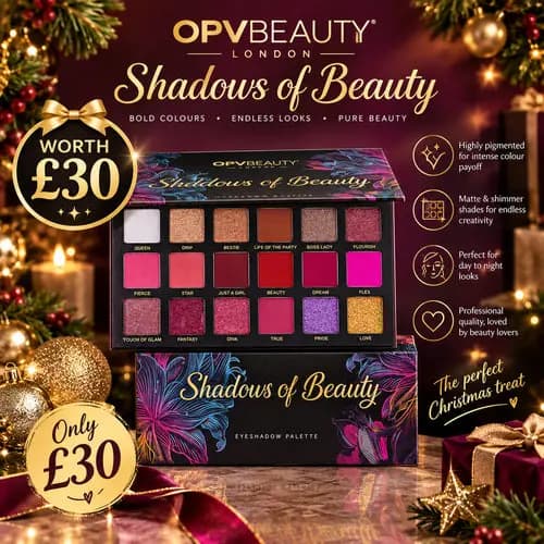 OPV Beauty Shadows of Beauty eyeshadow palette with pink, red and purple shades, priced £30 on festive backdrop.