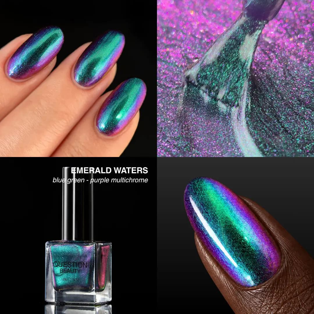 Emerald Waters blue-green to purple multichrome on nails, with a macro of glittery polish and the bottle