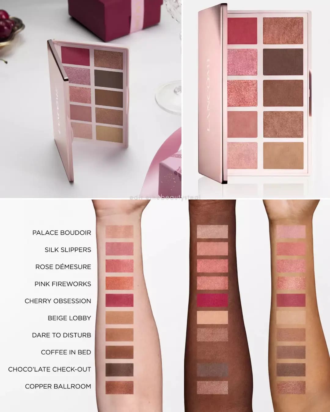 Open pink eyeshadow palette with ten shades alongside arm swatches on three skin tones labelled Palace Boudoir to Copper
