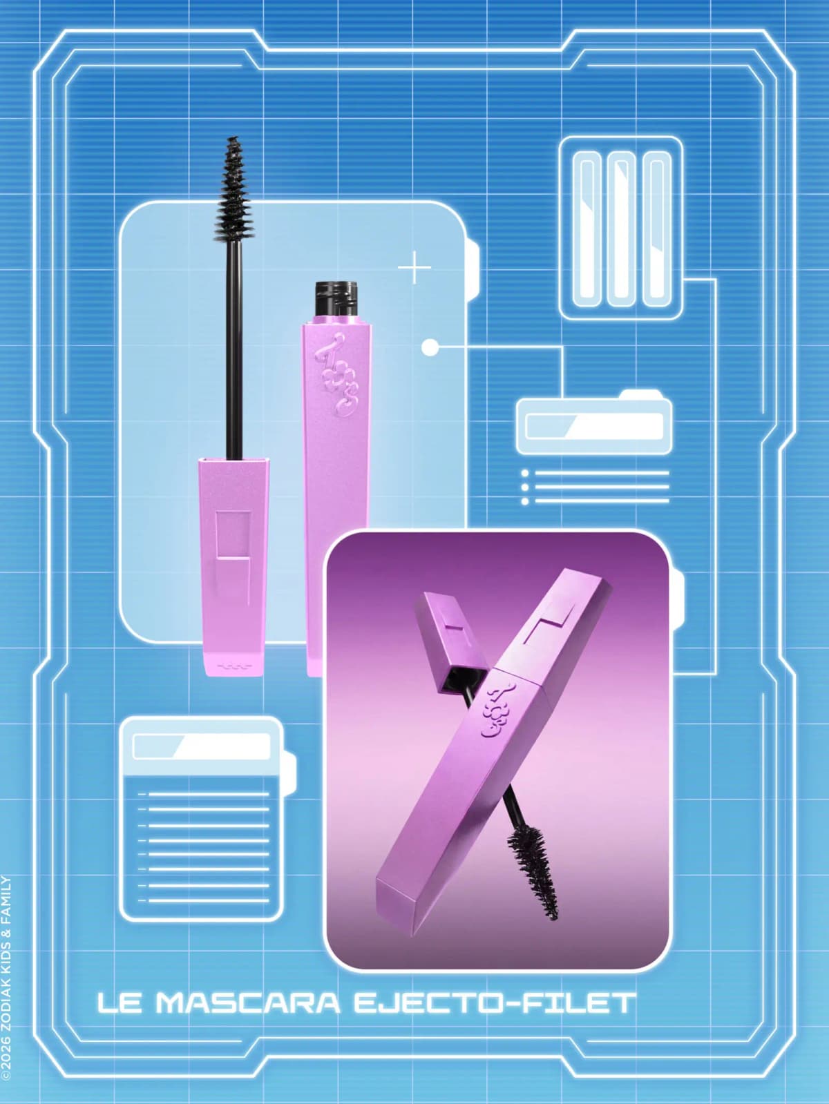 Pink rectangular mascara tube shown open with wand and closed, labeled LE MASCARA EJECTO-FILET.