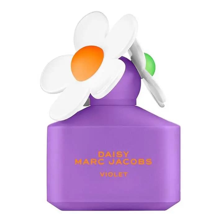 Matte violet Daisy Marc Jacobs Violet bottle topped with two oversized white daisies featuring orange and green centres