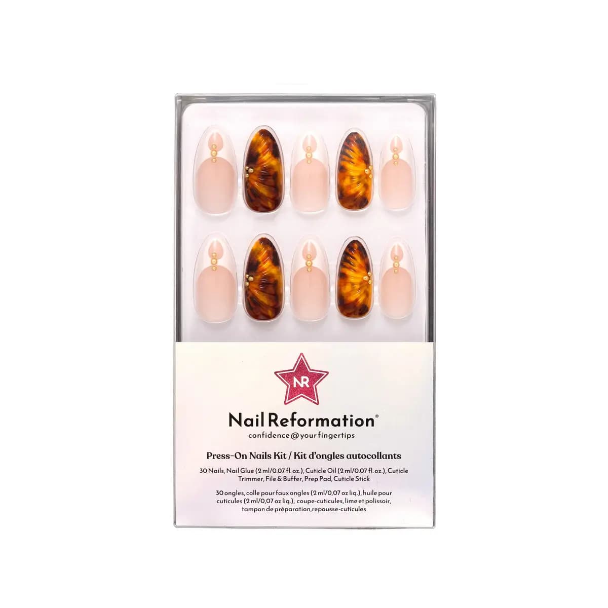 Nail Reformation Abstract Tortoise kit pairing ridged amber tortoise nails with nude white-tip nails and gold bead accents.