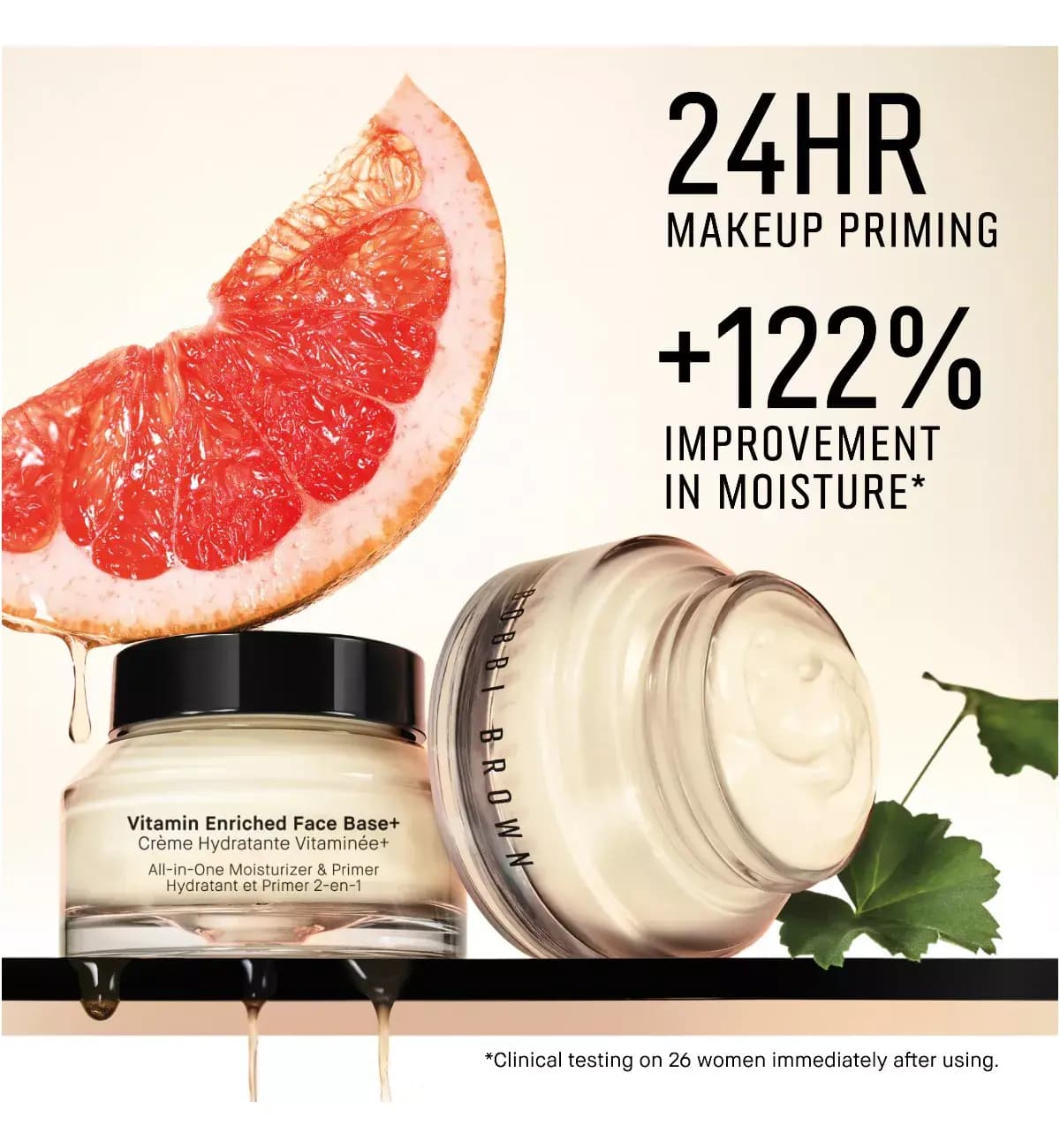 Vitamin Enriched Face Base+ jars beside grapefruit slice with text claiming 24hr makeup priming and +122% moisture