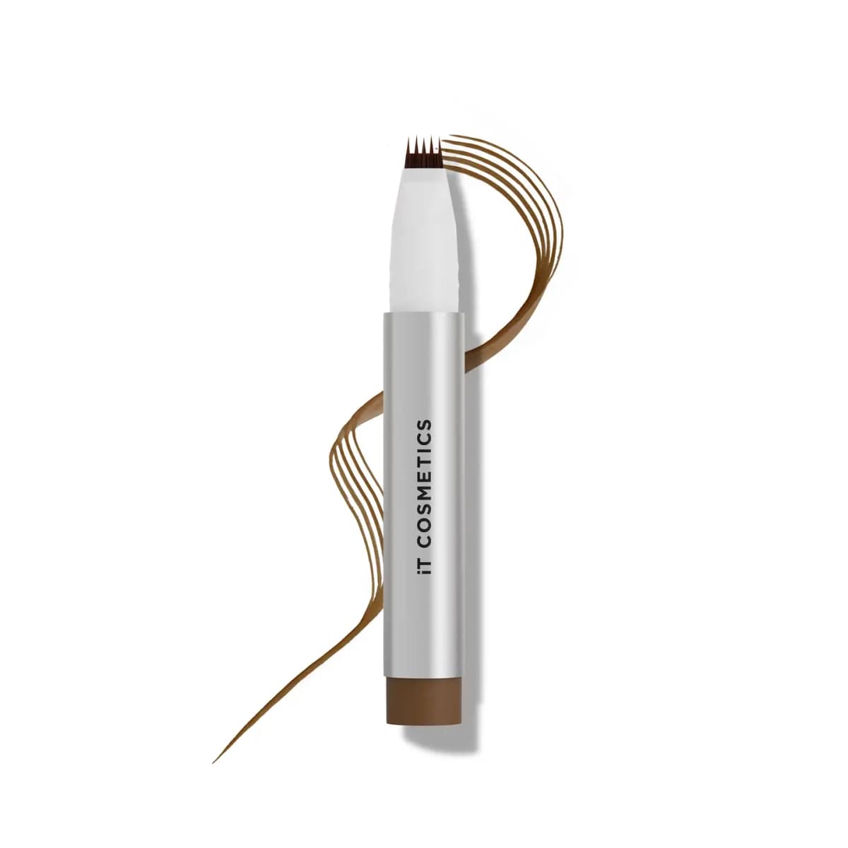 IT Cosmetics Hello Brow pen in silver with white multi-bristle tip, wrapped by a wavy brown multi-line swatch on white.