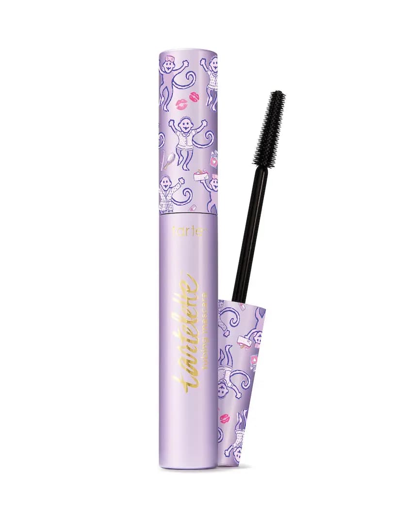Tarte tartelette tubing mascara in lavender monkey-print tube, black wand and brush beside it