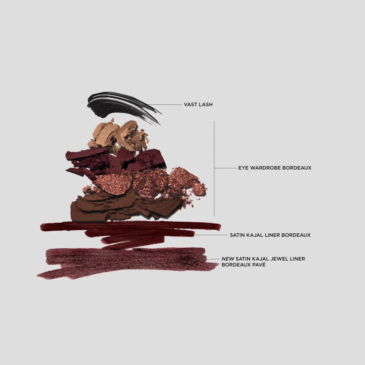Crushed bronze, plum, copper and brown shadows with mascara and burgundy liner swatches, each labelled by name