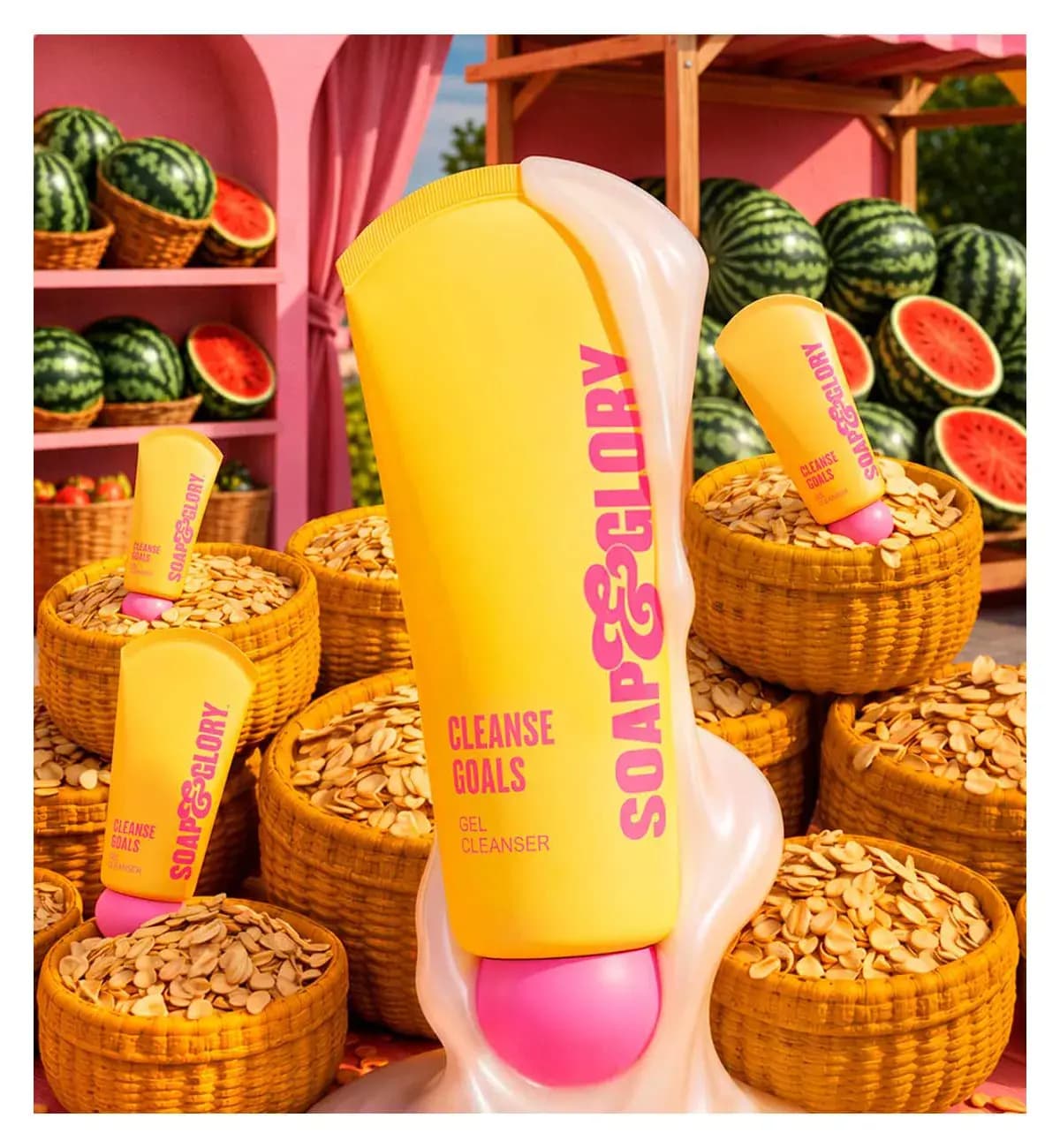 Yellow Cleanse Goals Gel Cleanser tubes with pink caps among baskets of oats and watermelons at a market stall