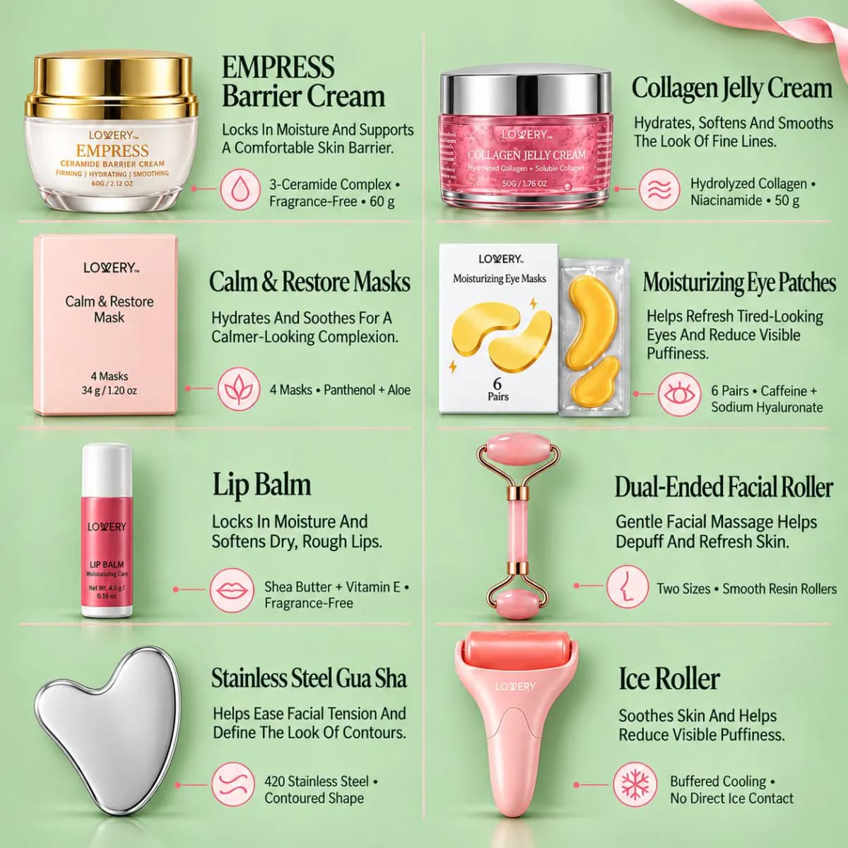 Labelled guide to Empress and Collagen Jelly creams, masks, eye patches, lip balm, roller, gua sha and ice roller