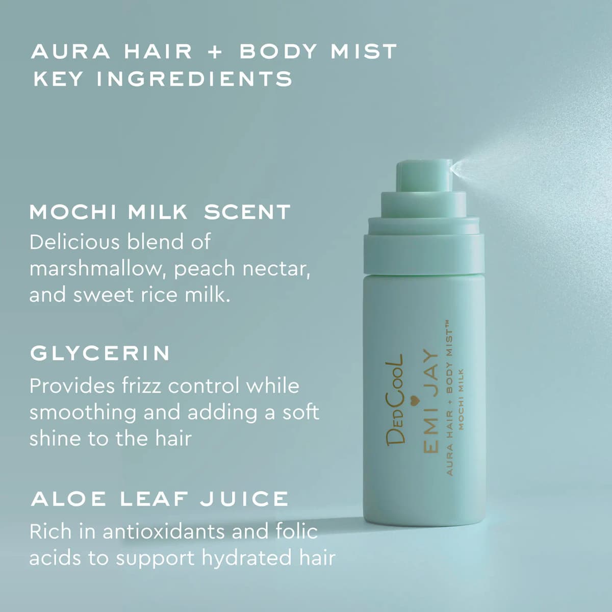 Key ingredients graphic for the mist listing Mochi Milk scent, glycerin and aloe leaf juice beside the spraying bottle
