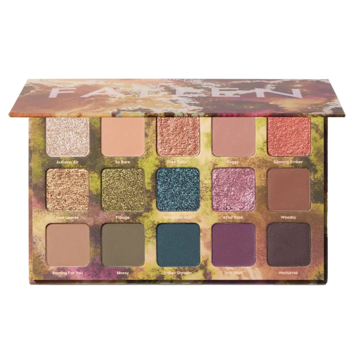 Open ColourPop Fallen palette with 15 shades from champagne shimmer to olive, teal, plum and deep brown mattes
